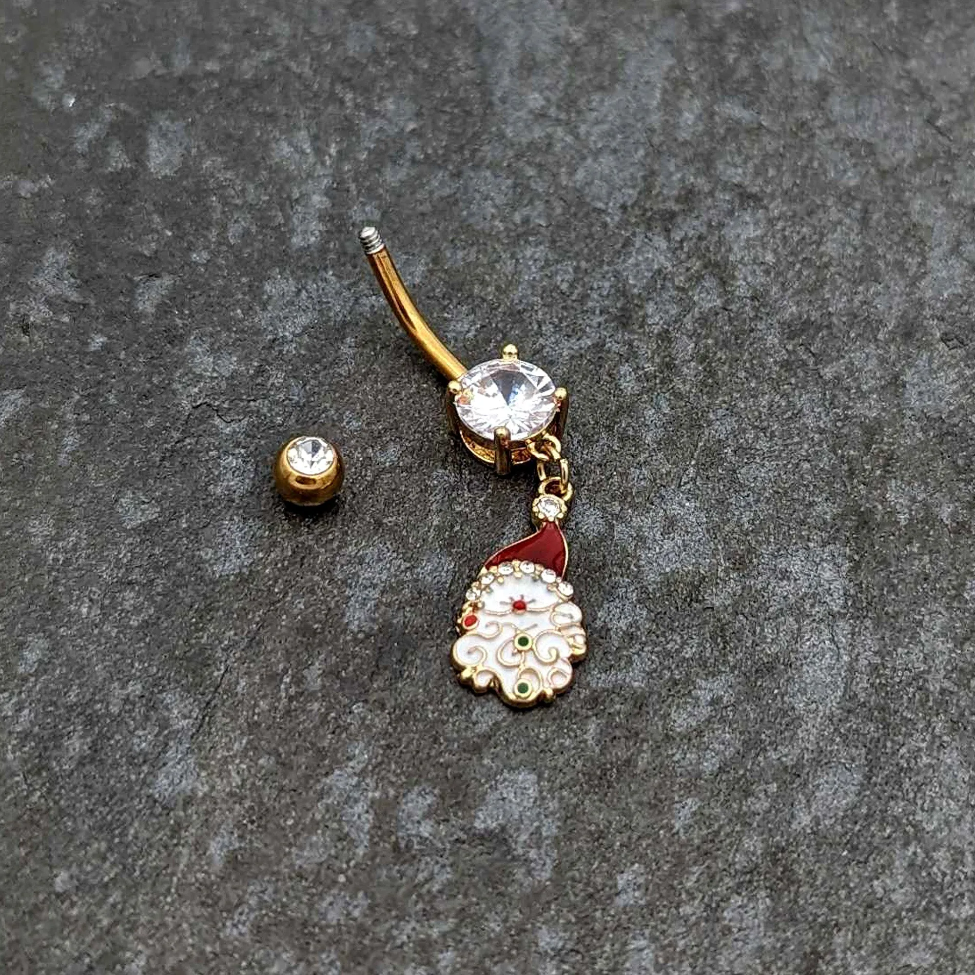 Clear Gem Gold Tone Decorated Santa Christmas Holiday Dangle Belly Ring