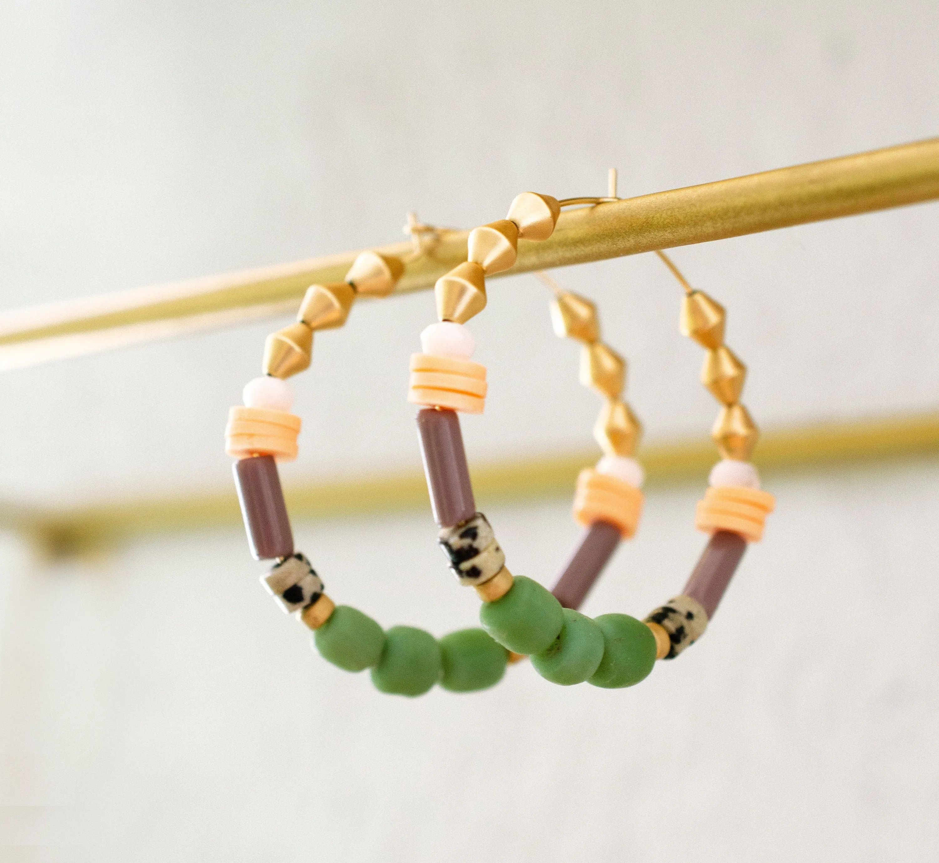 Colorful Beaded hoops, gold filled, statement earrings, multi colored earrings, green and purple, gold hoops,
