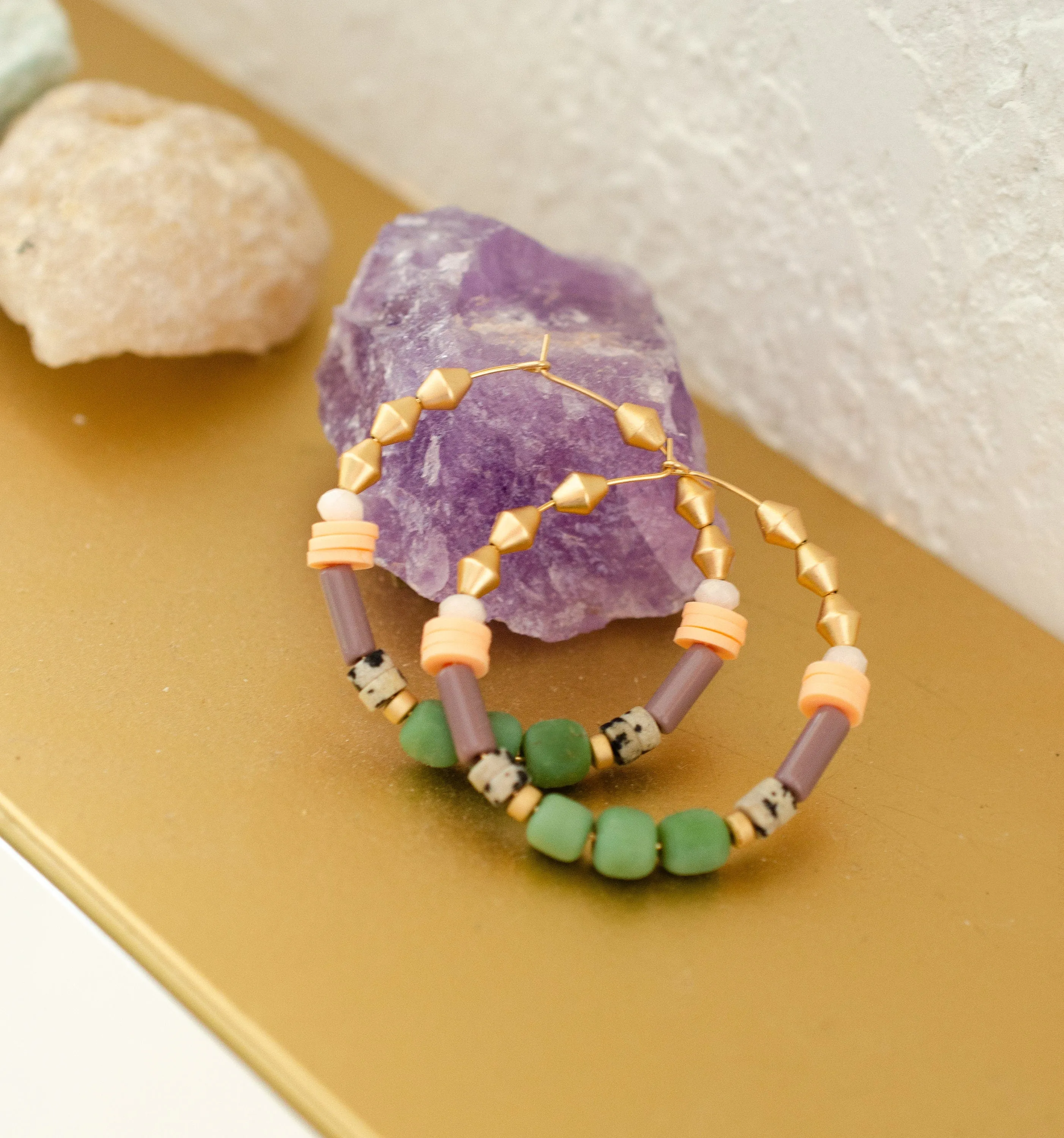 Colorful Beaded hoops, gold filled, statement earrings, multi colored earrings, green and purple, gold hoops,