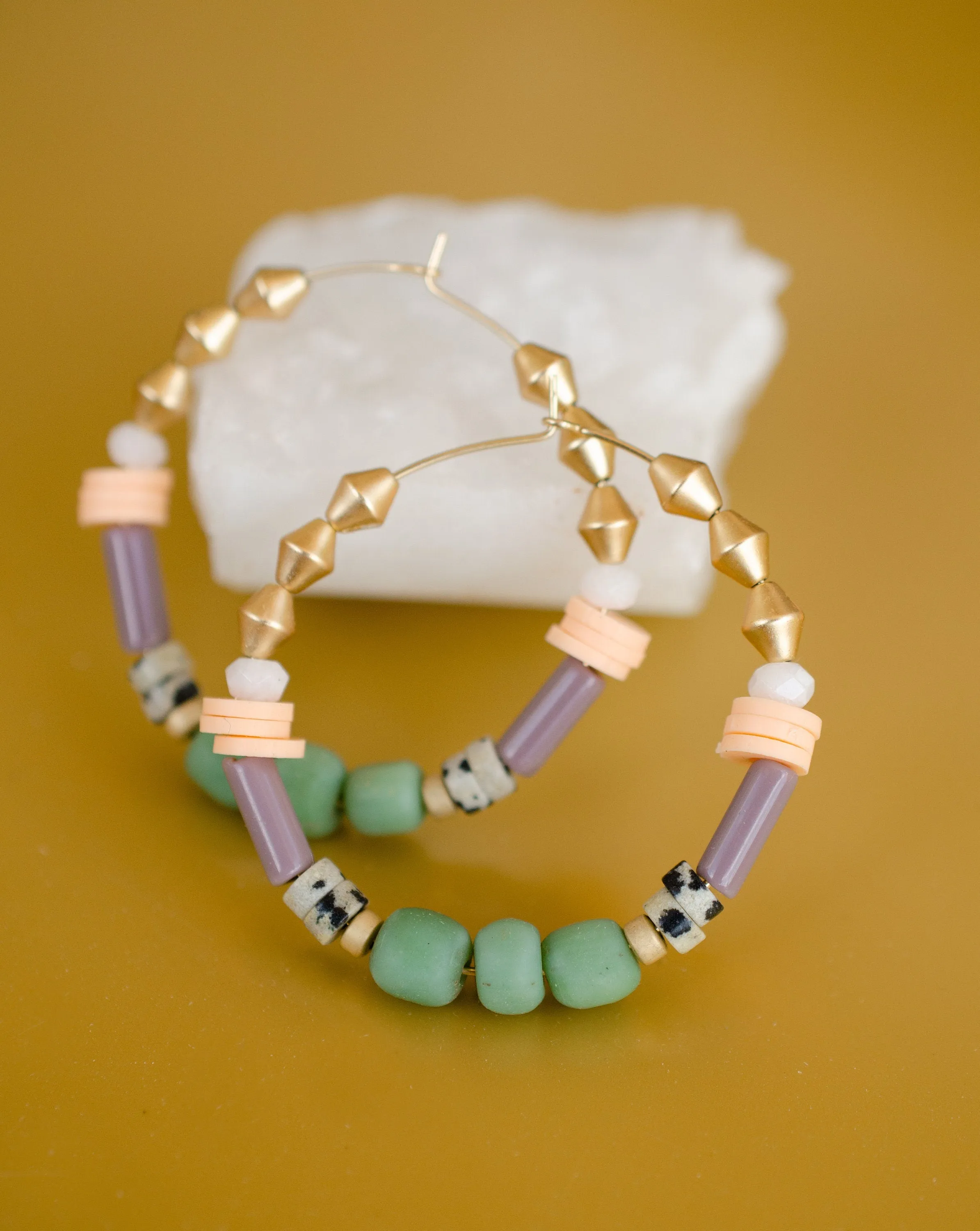 Colorful Beaded hoops, gold filled, statement earrings, multi colored earrings, green and purple, gold hoops,