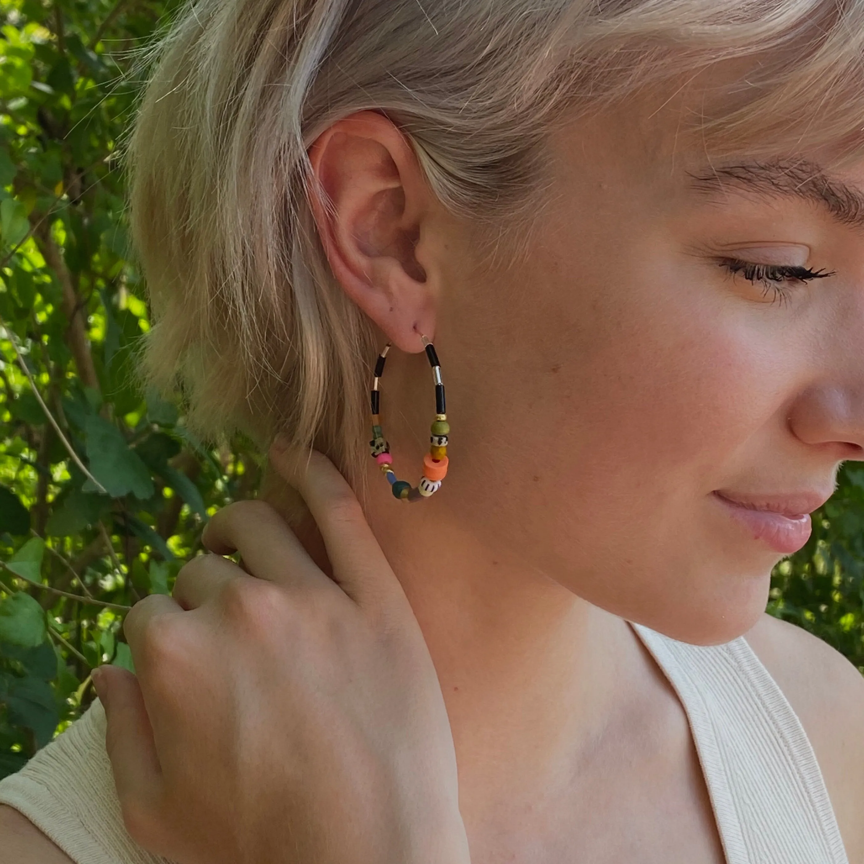 Colorful Beaded hoops, Large hoop earrings, gold filled hoops, statement earrings, seed bead hoops, colorful earrings, gift for friend