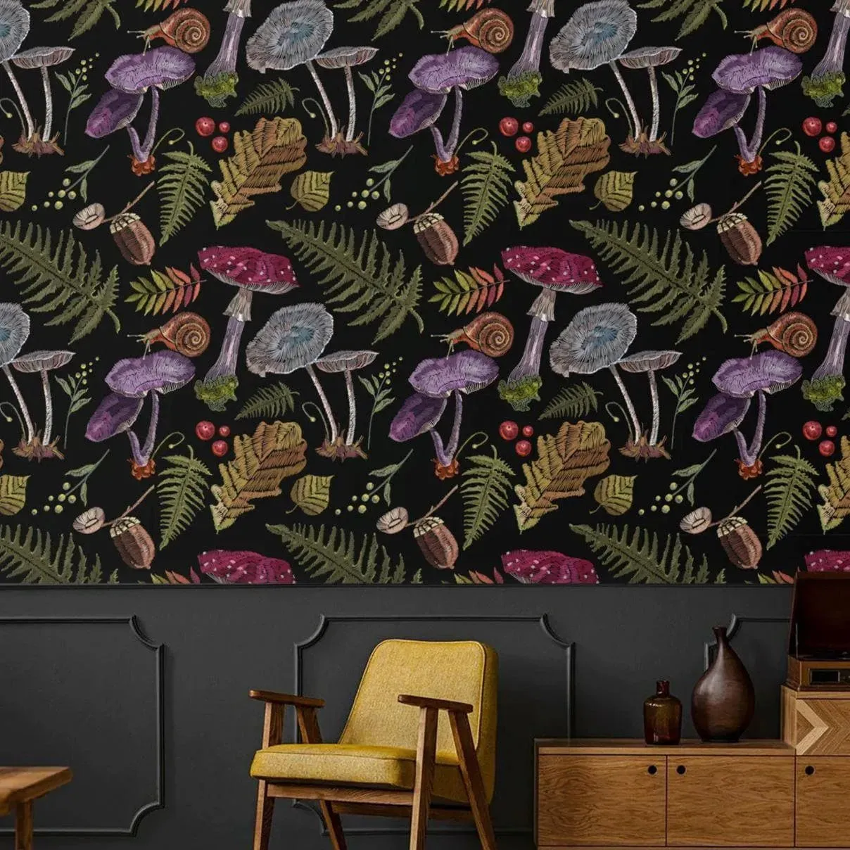 Colorful Dark Mushroom Botanical Wallpaper
