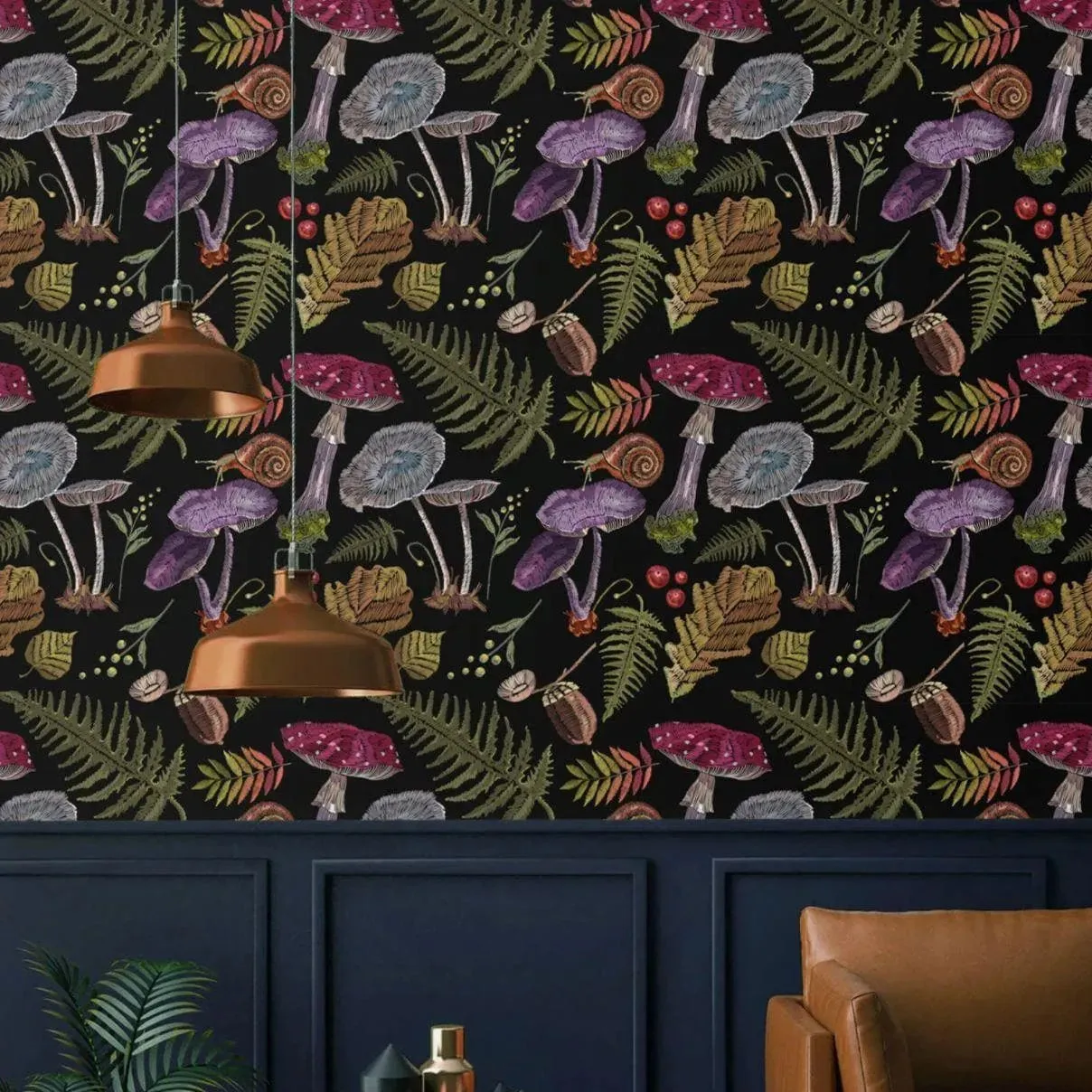 Colorful Dark Mushroom Botanical Wallpaper