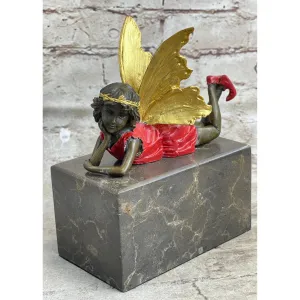 Colorful Resting Fairy Girl Child Bronze etal Figurine Sculpture On