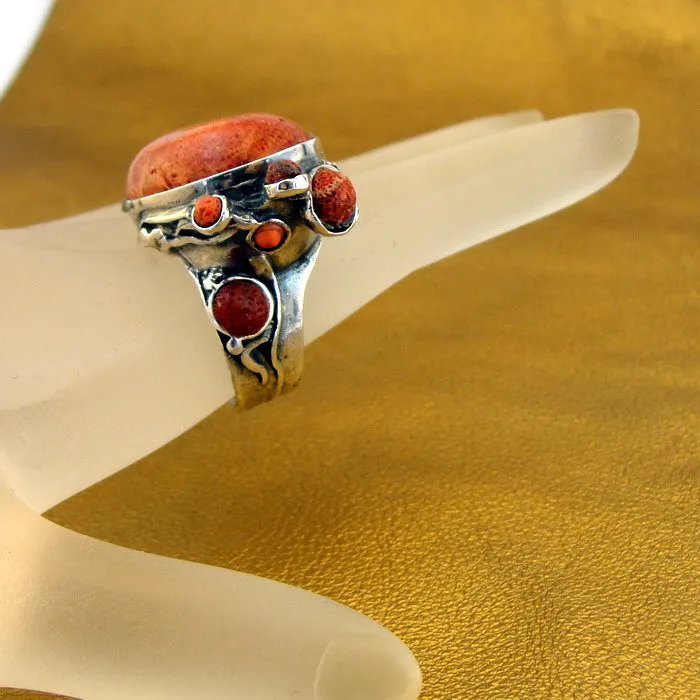 Coral Sponge Ring 925 Sterling Silver  sz 7.5,8 Handmade Hadar Designers (H 102b)