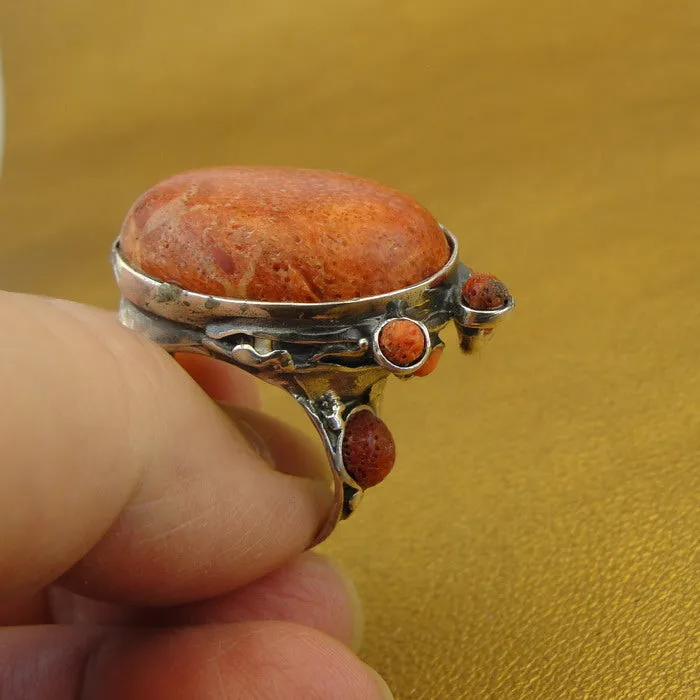 Coral Sponge Ring 925 Sterling Silver  sz 7.5,8 Handmade Hadar Designers (H 102b)