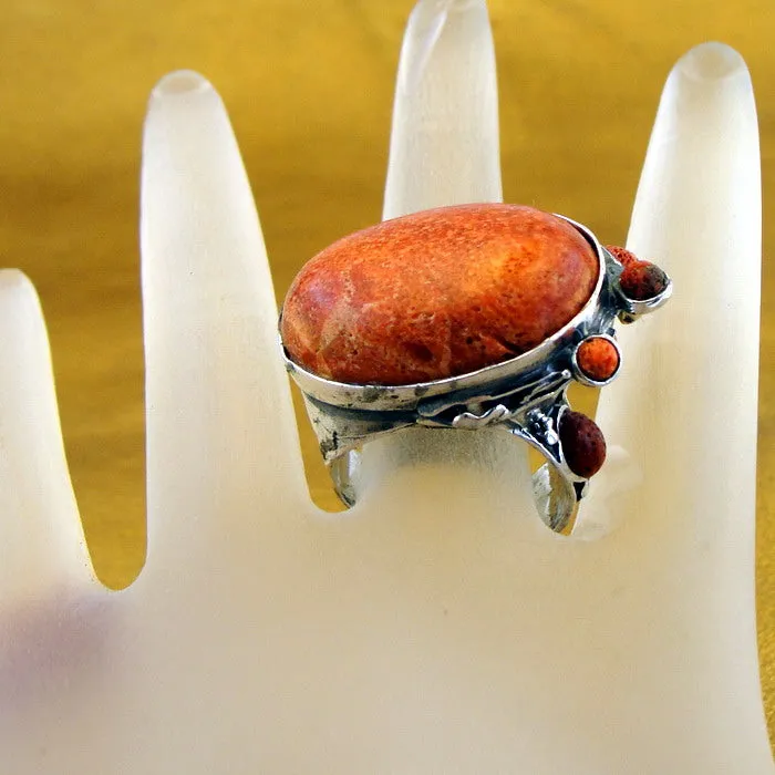 Coral Sponge Ring 925 Sterling Silver  sz 7.5,8 Handmade Hadar Designers (H 102b)