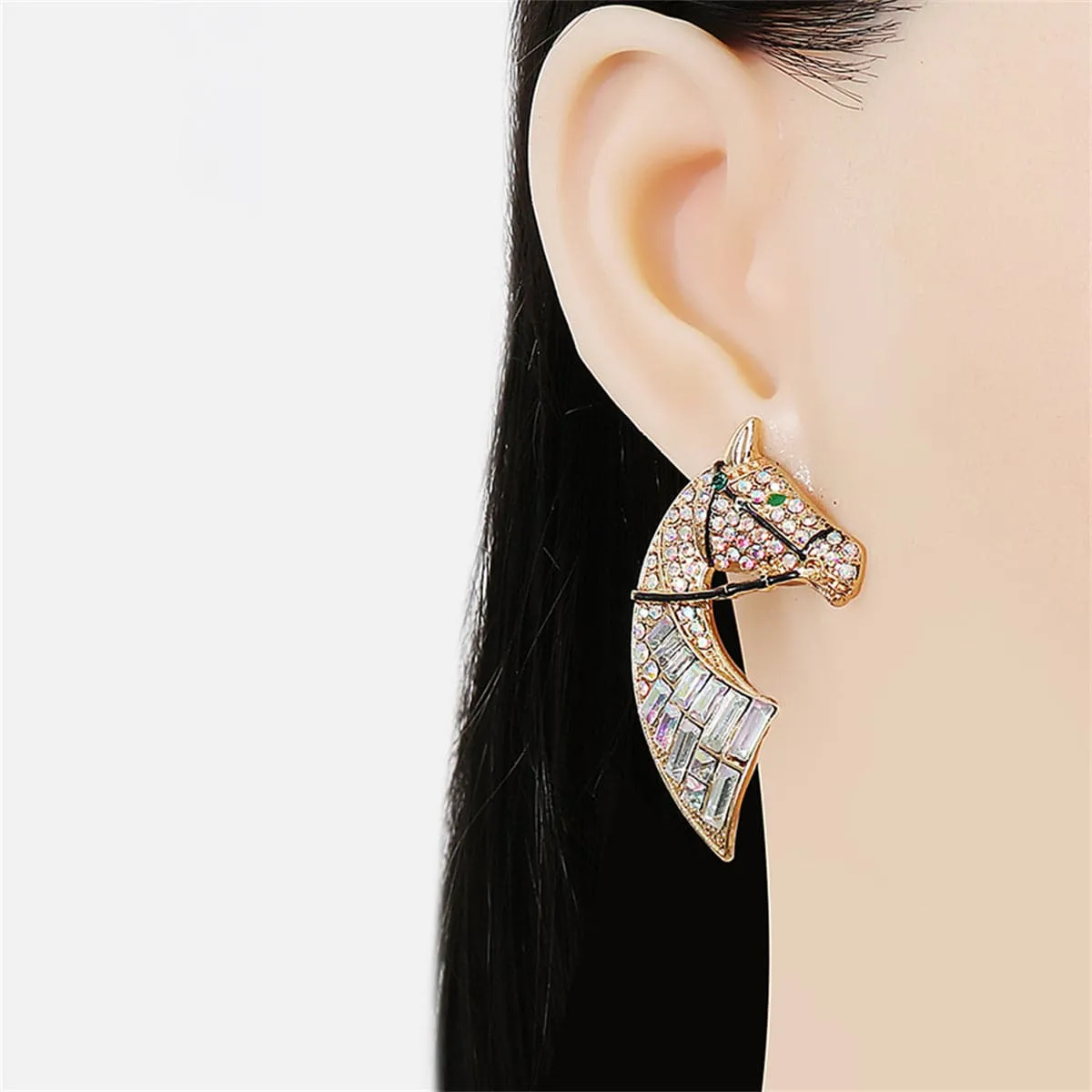 Cubic Zirconia & Crystal 18K Gold-Plated Horse Stud Earrings