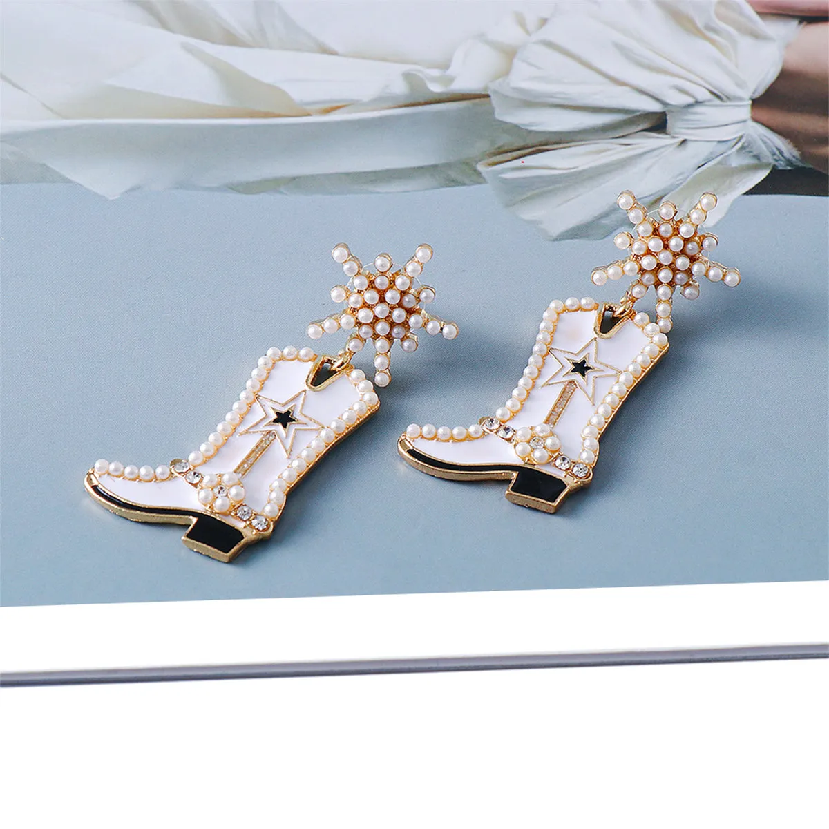 Cubic Zirconia & Pearl 18K Gold-Plated Cowboy Boot Drop Earrings