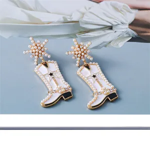 Cubic Zirconia & Pearl 18K Gold-Plated Cowboy Boot Drop Earrings