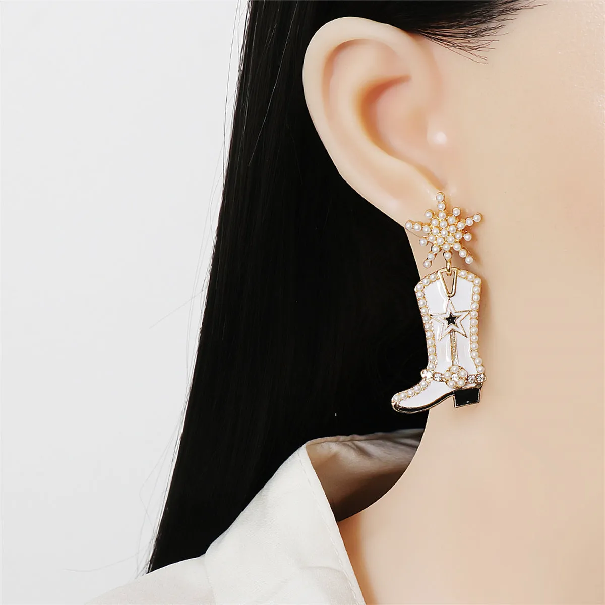 Cubic Zirconia & Pearl 18K Gold-Plated Cowboy Boot Drop Earrings