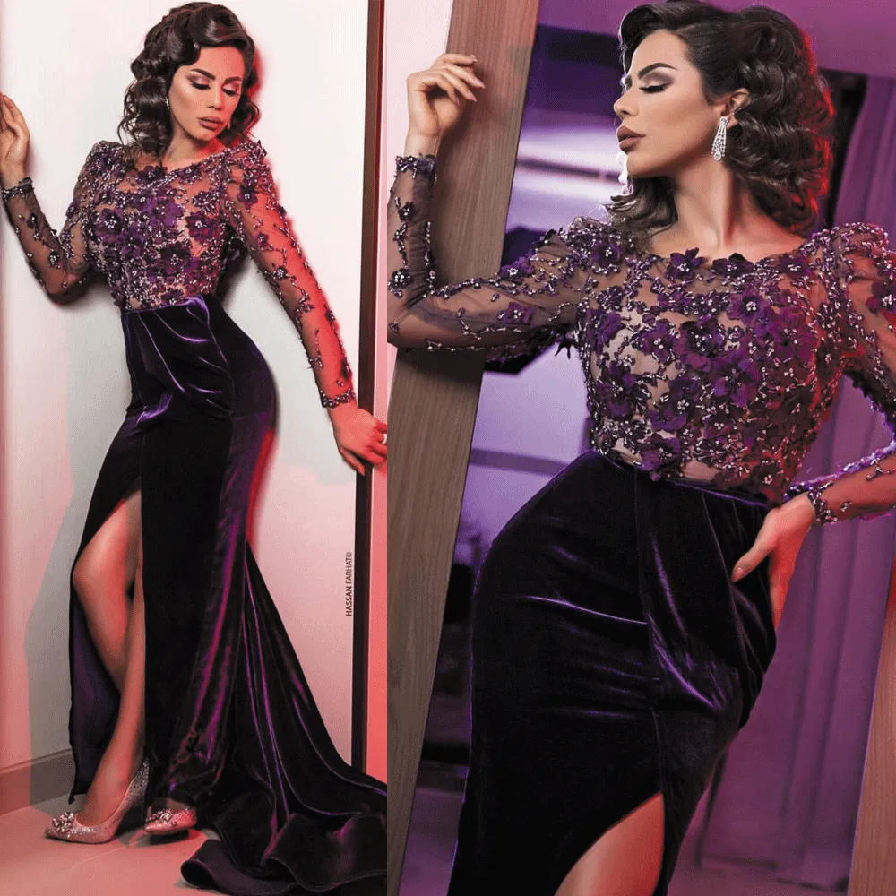 deep purple velvet evening dresses long sleeve 3d flowers lace appliqué beaded mermaid formal evening gown
