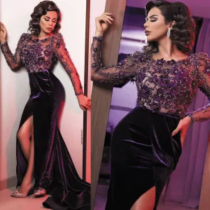 deep purple velvet evening dresses long sleeve 3d flowers lace appliqué beaded mermaid formal evening gown