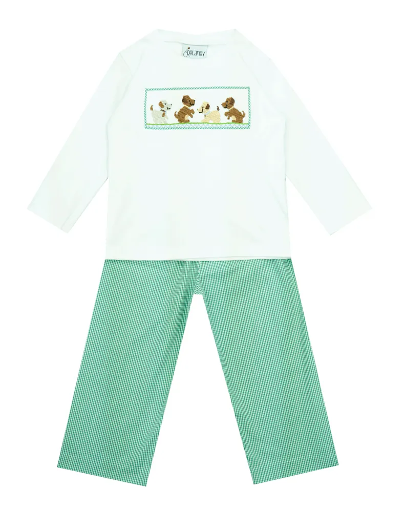 Delaney Smocked Playful Puppies Longall