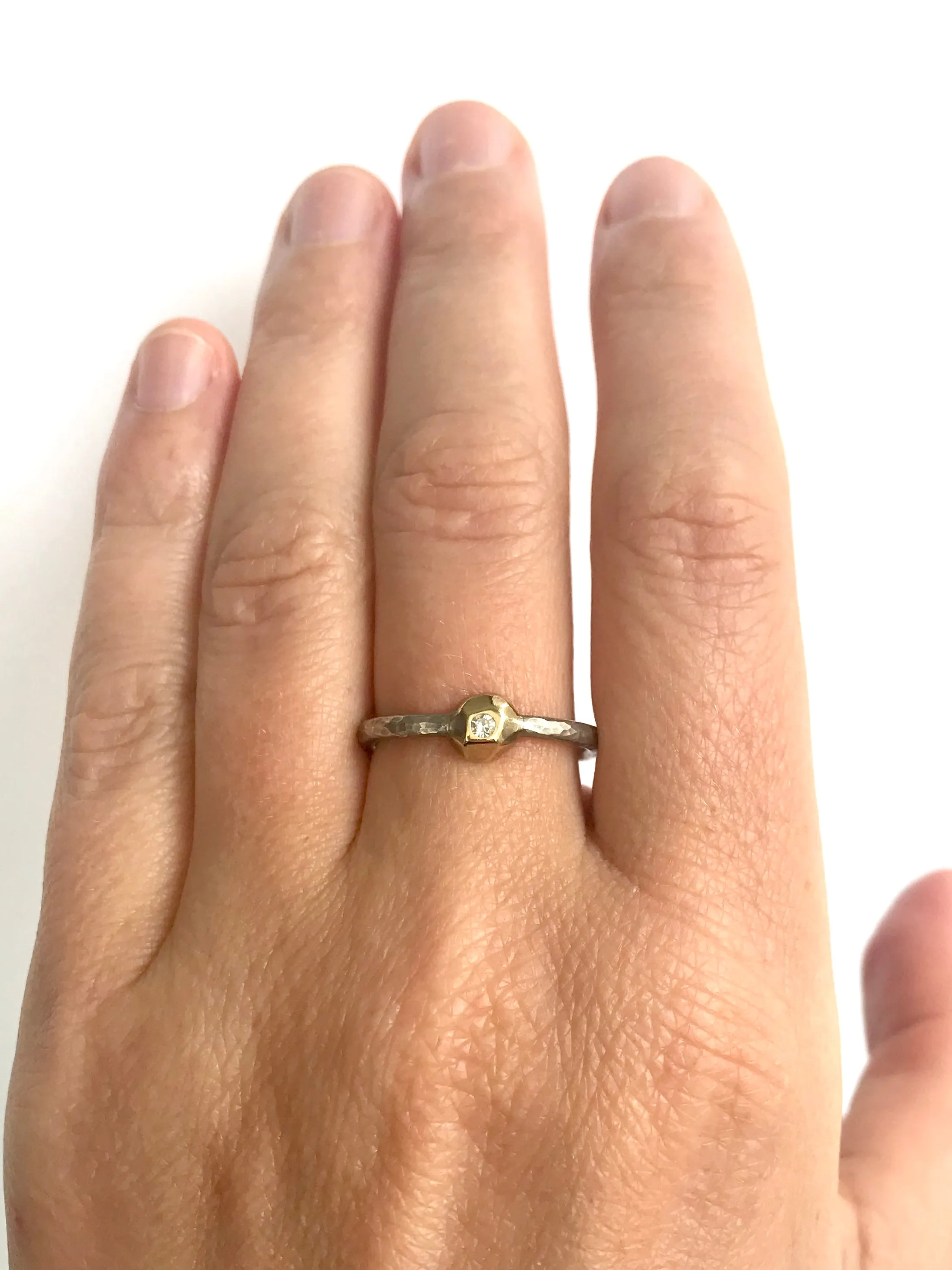 Diamond Ring W/ Geometric Gold Bezel and Silver Band