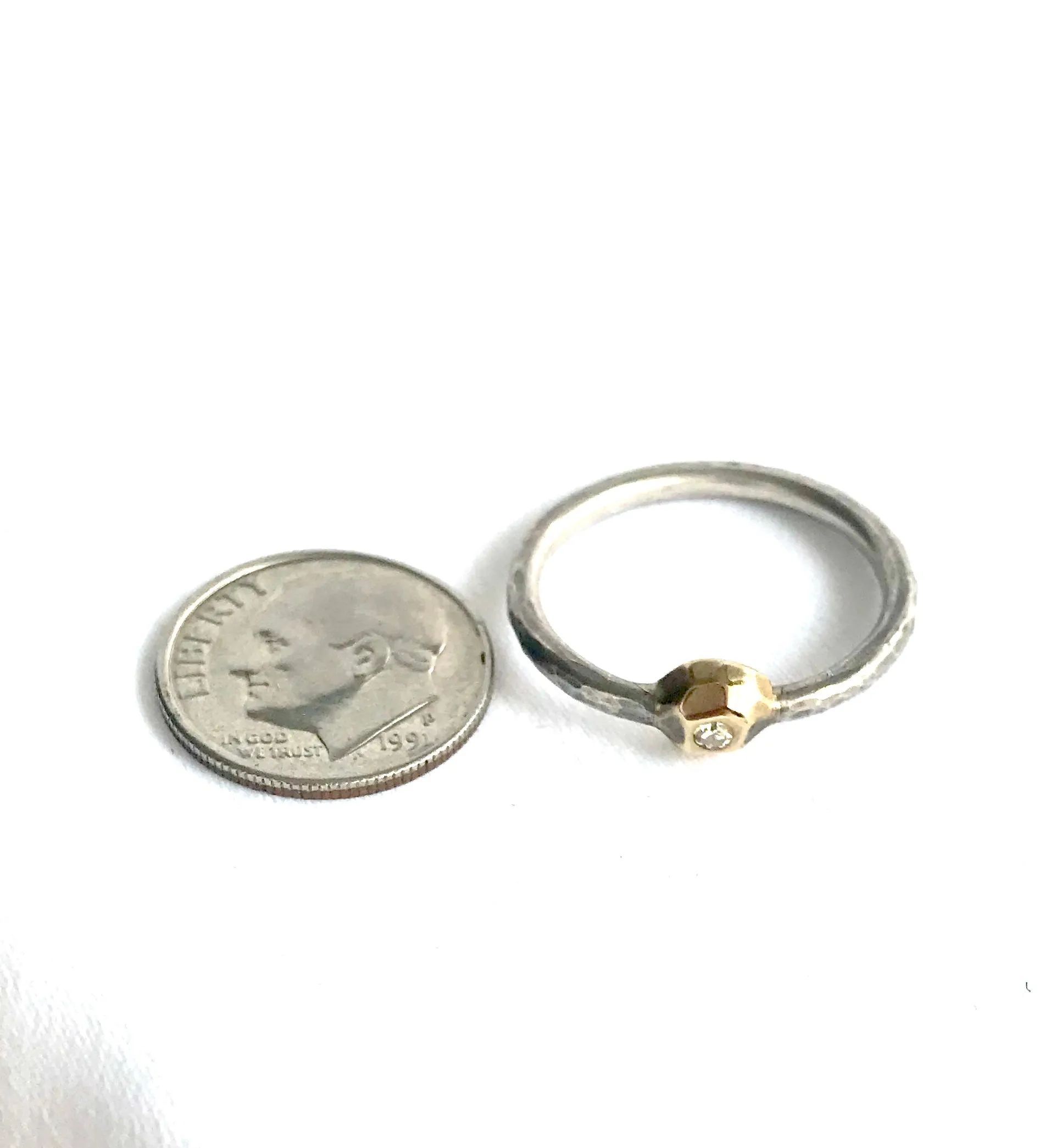Diamond Ring W/ Geometric Gold Bezel and Silver Band
