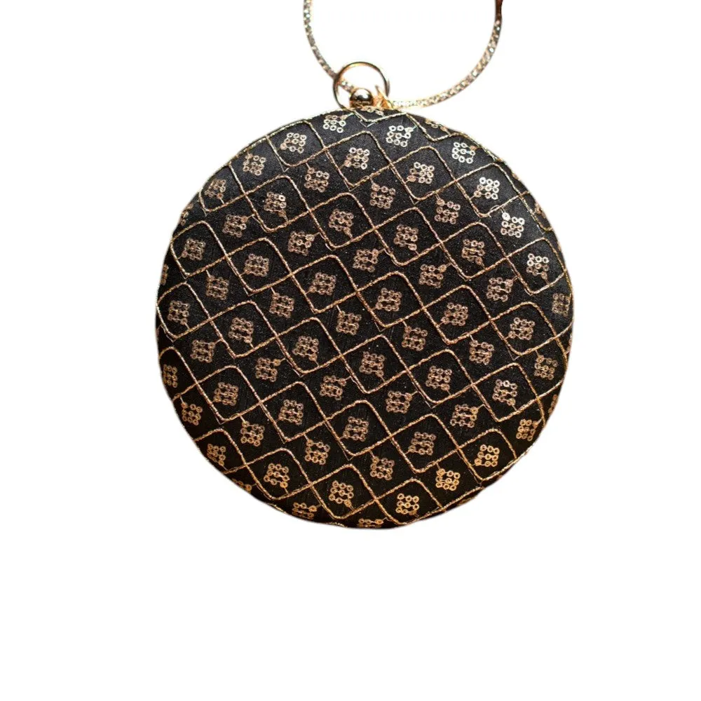Exclusive Black Round Clutch with Golden Work