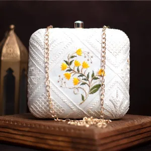 Exclusive Chikankari Box Clutch with Yellow Flower Design