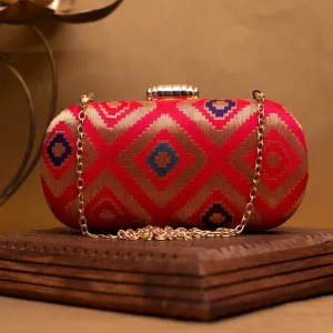 Exclusive Red Zari Clutch with Cylindrical Shape