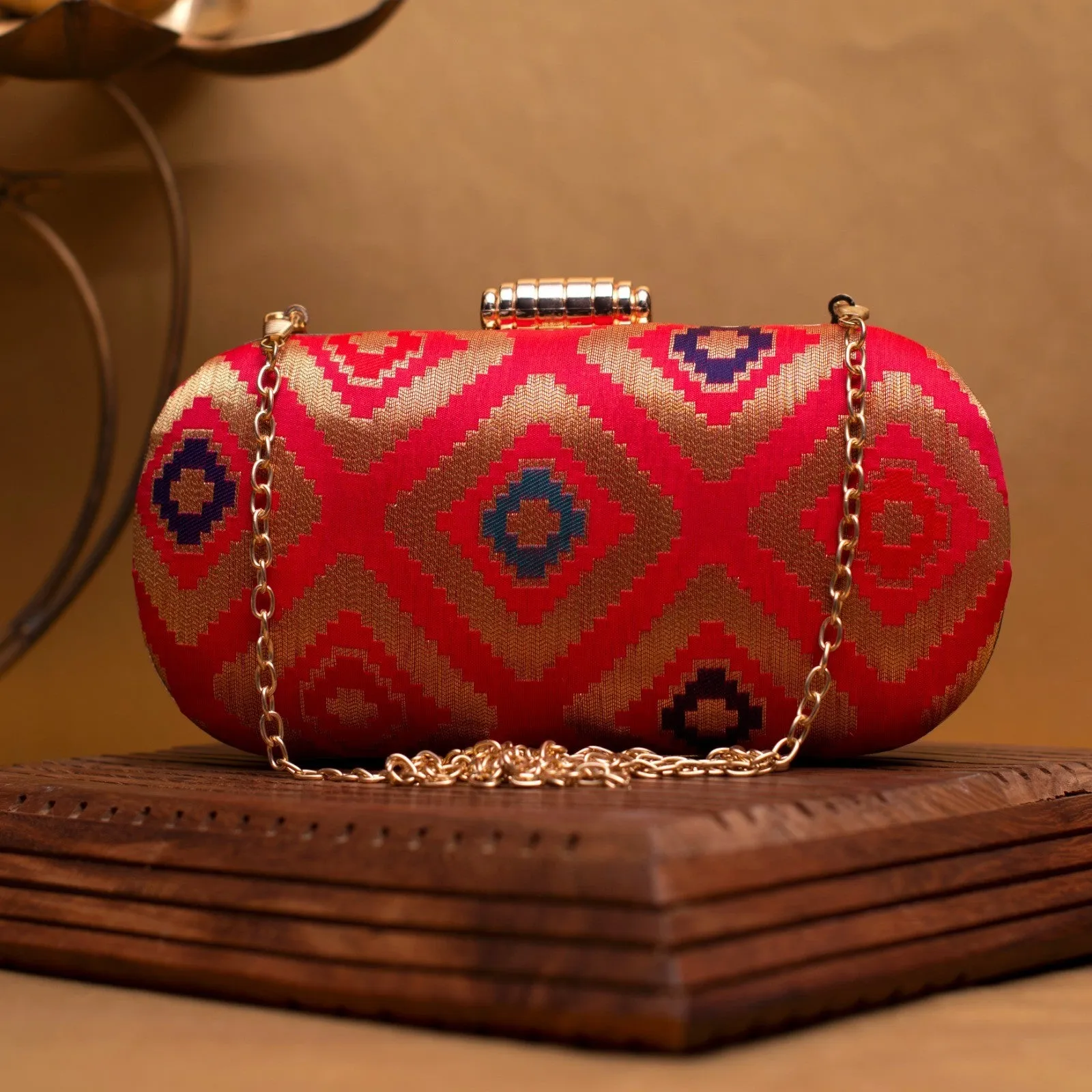 Exclusive Red Zari Clutch with Cylindrical Shape