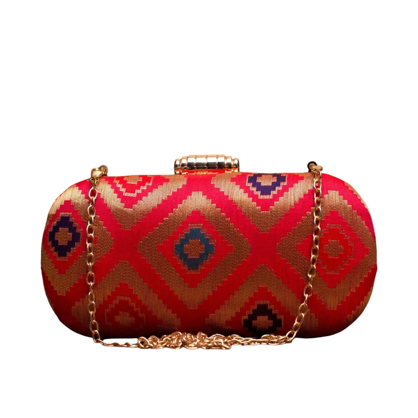 Exclusive Red Zari Clutch with Cylindrical Shape