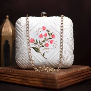 Exclusive White Chikankari Box Clutch with Pink Flower