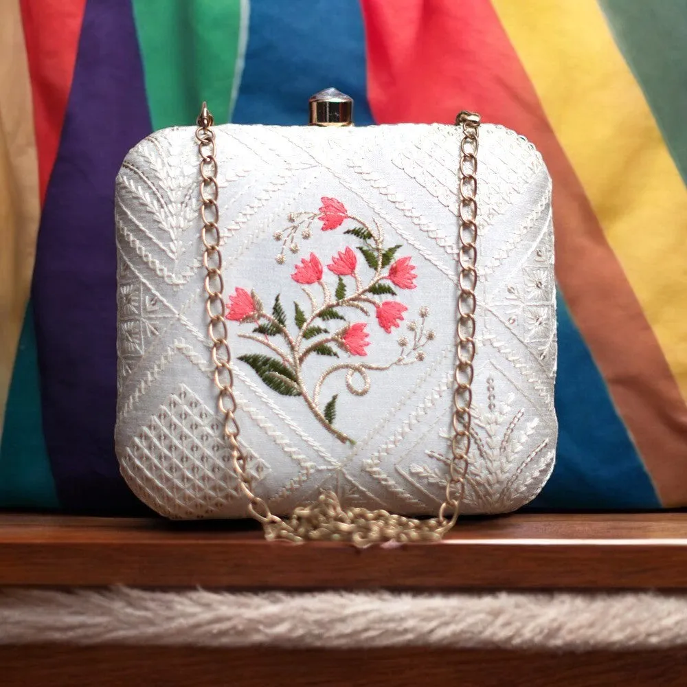 Exclusive White Chikankari Box Clutch with Pink Flower
