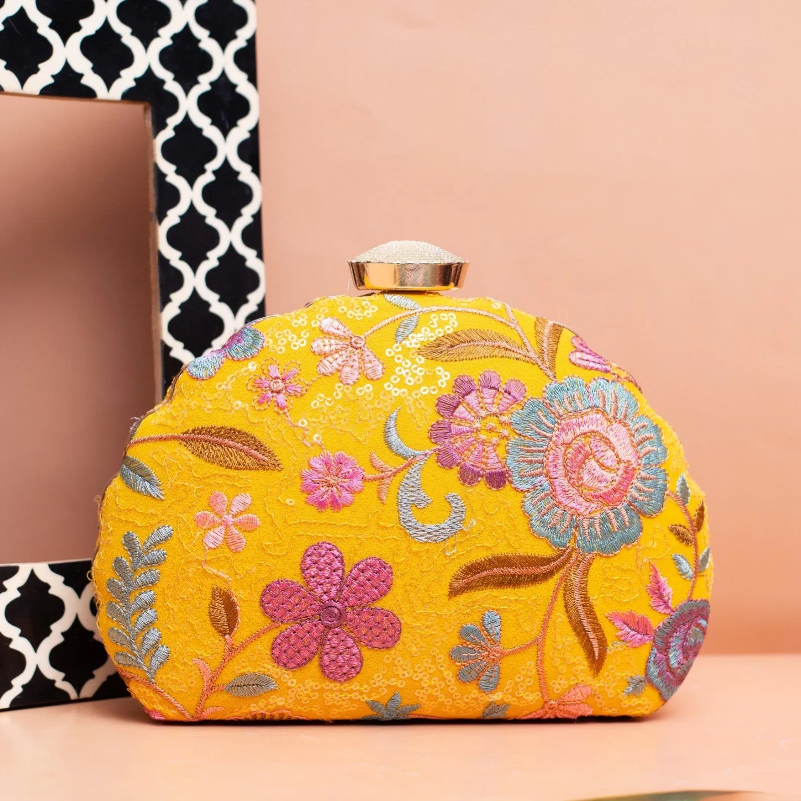 Exclusive Yellow Clutch with Floral Embroidery