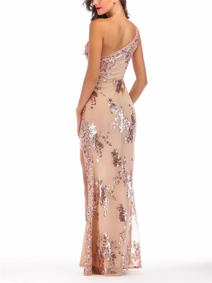 Exquisite Sequined One Shoulder Side Slit Dress for Prom