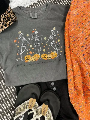 Fall Breeze & Autumn Leaves Skeletons Dancing Gray Graphic Tee