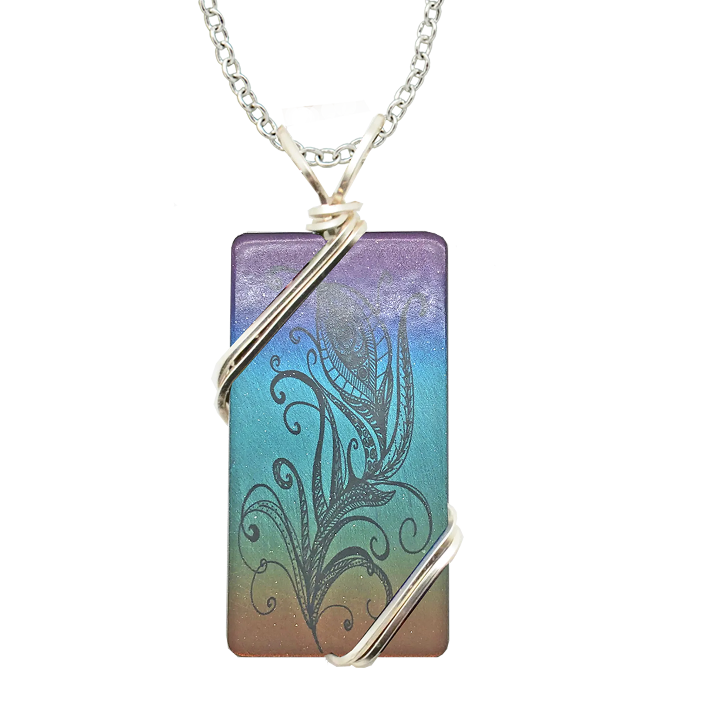Feather Drawing Necklace, 1.5" pendant with silver-plated wiring