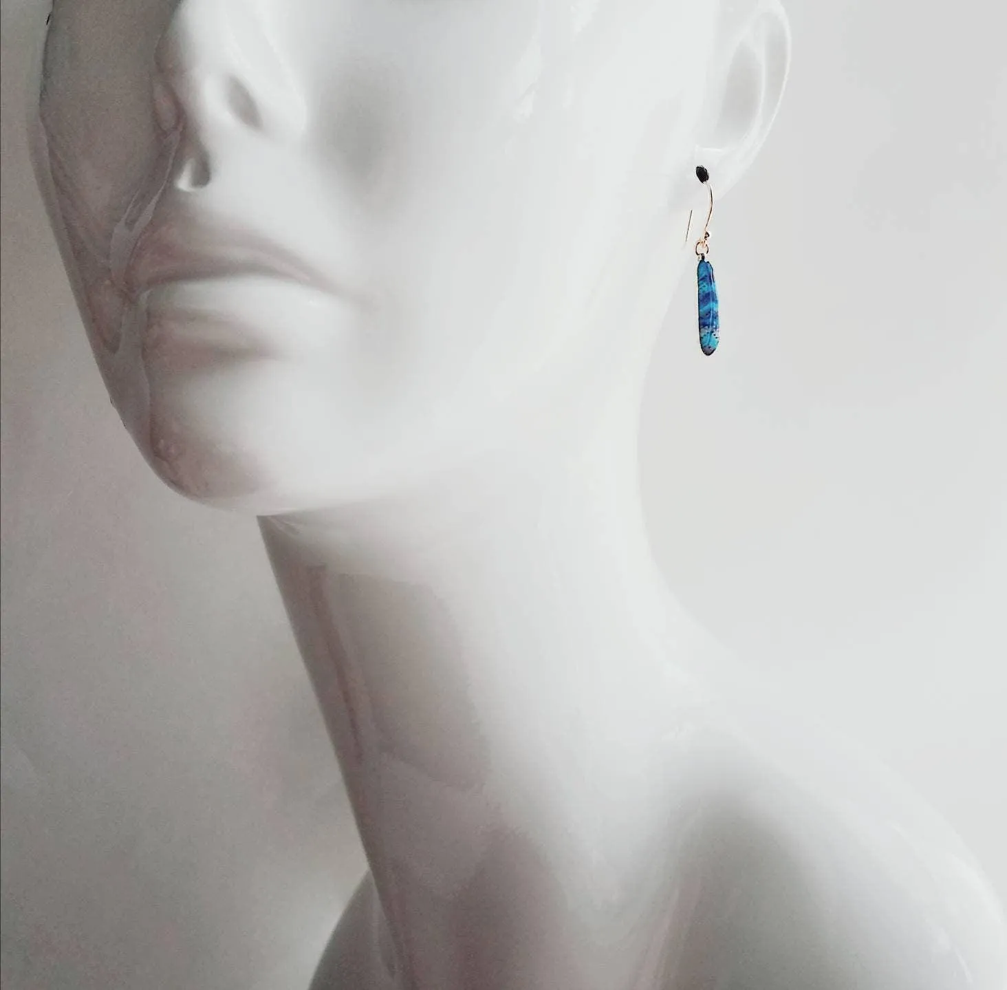 Feather Earrings - gold aqua turquoise cobalt blue stripe enamel design - simple 14K gold plated hook - petite delicate small little gift