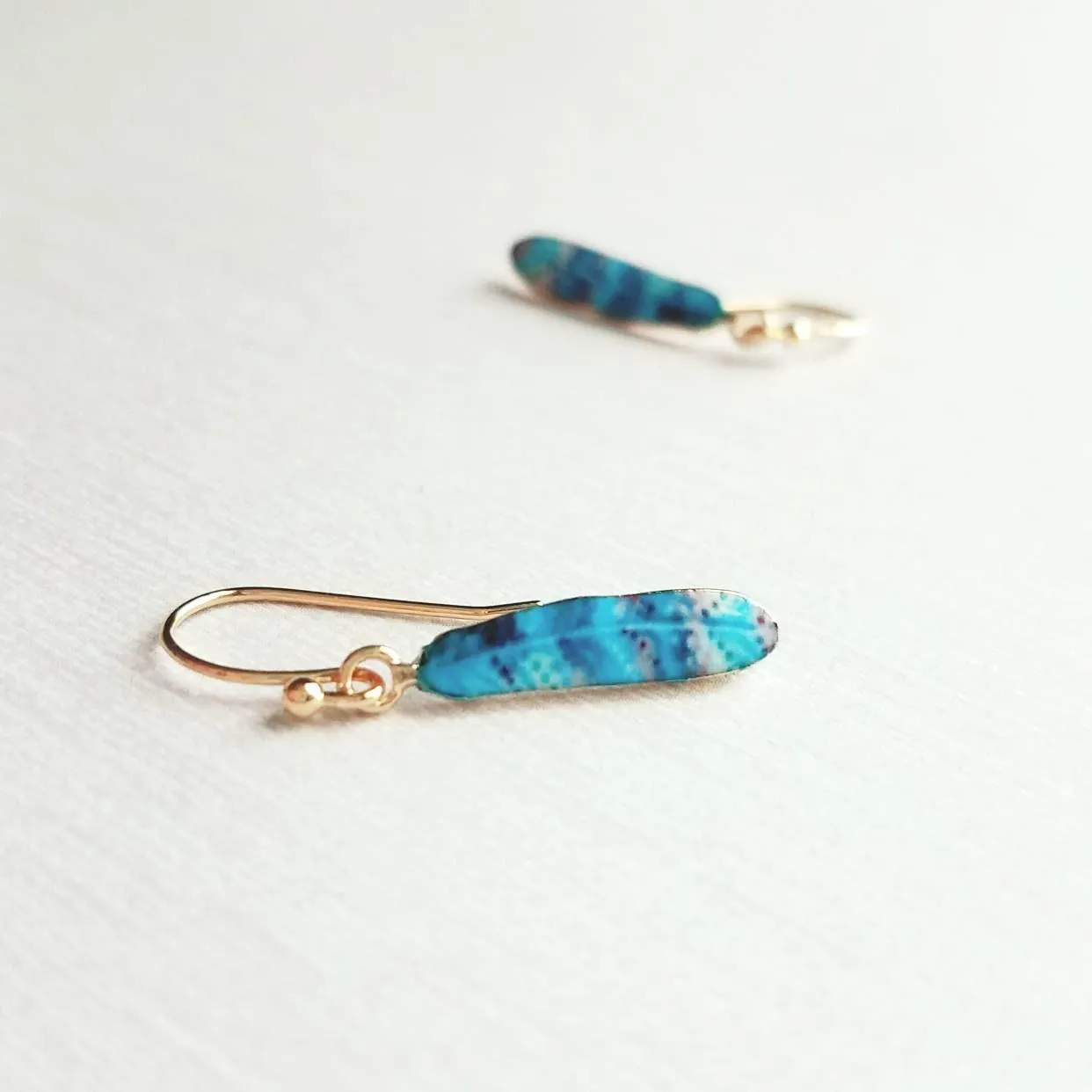 Feather Earrings - gold aqua turquoise cobalt blue stripe enamel design - simple 14K gold plated hook - petite delicate small little gift