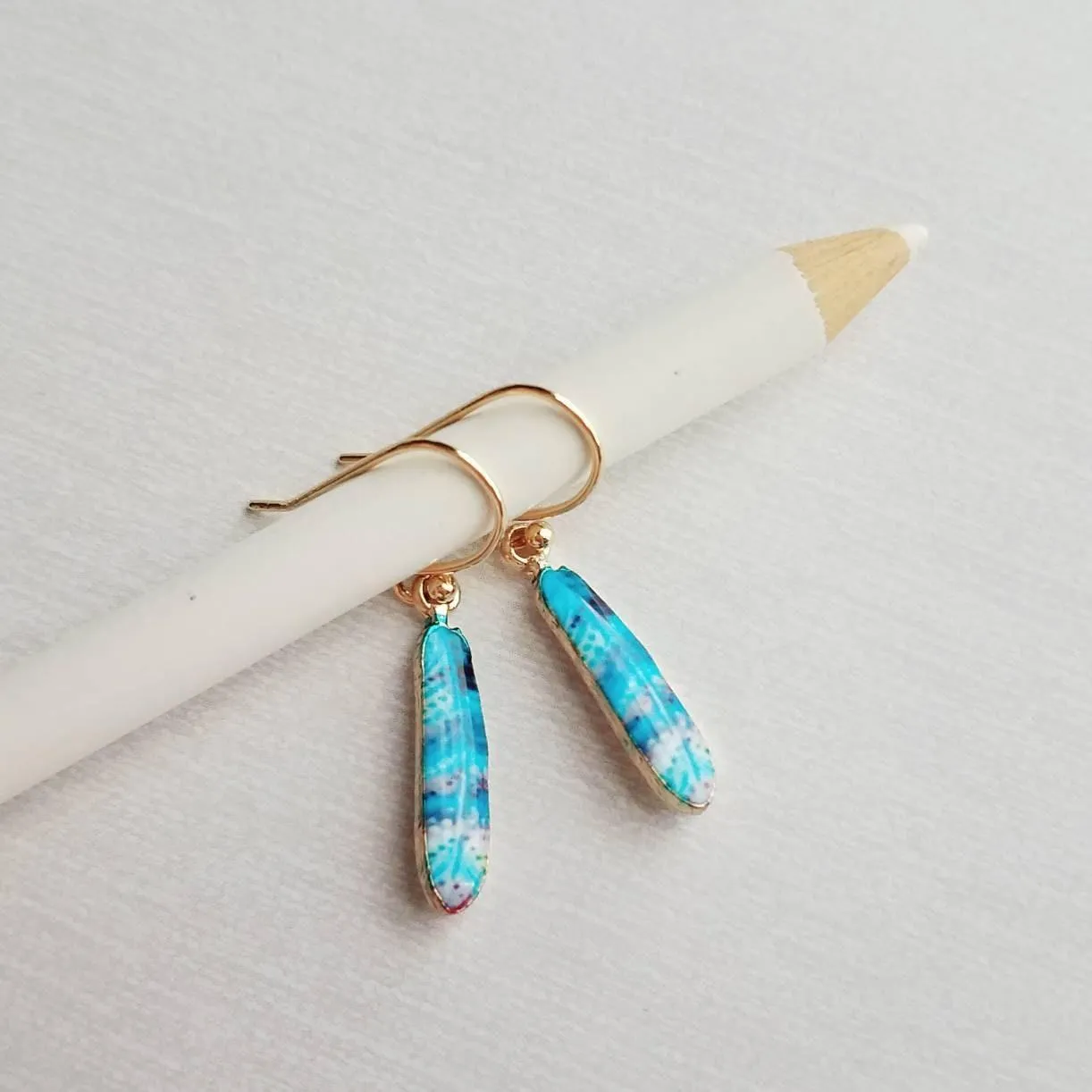 Feather Earrings - gold aqua turquoise cobalt blue stripe enamel design - simple 14K gold plated hook - petite delicate small little gift