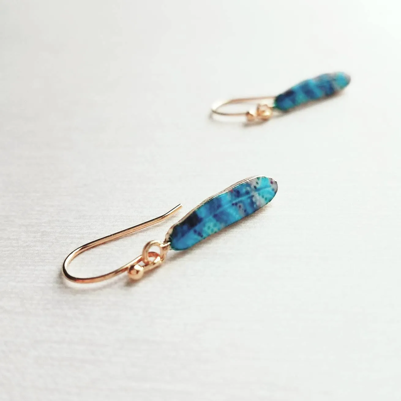 Feather Earrings - gold aqua turquoise cobalt blue stripe enamel design - simple 14K gold plated hook - petite delicate small little gift