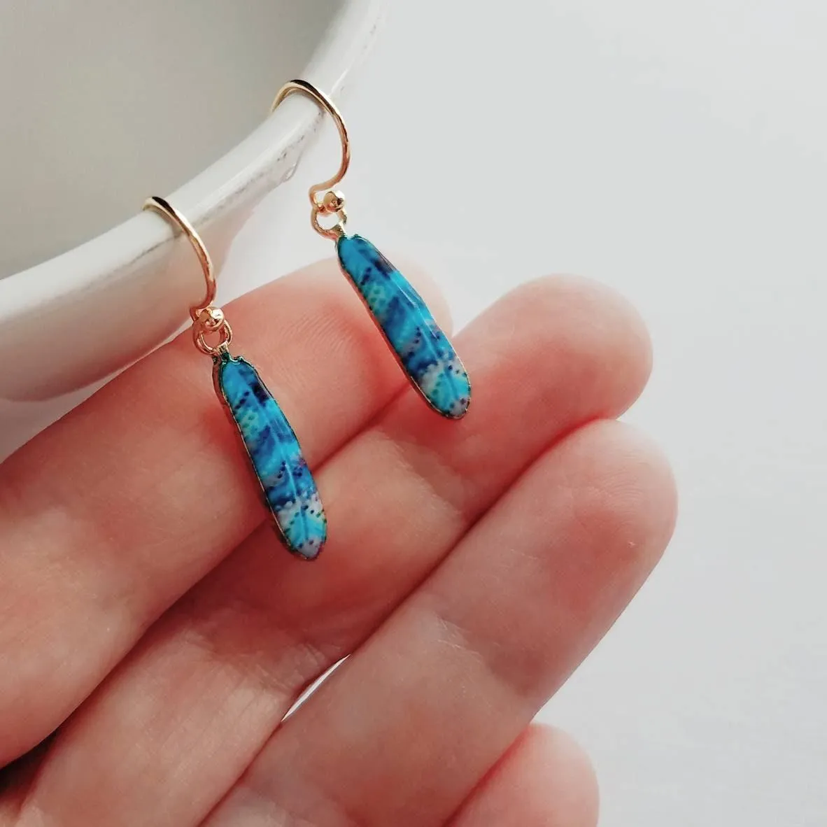 Feather Earrings - gold aqua turquoise cobalt blue stripe enamel design - simple 14K gold plated hook - petite delicate small little gift