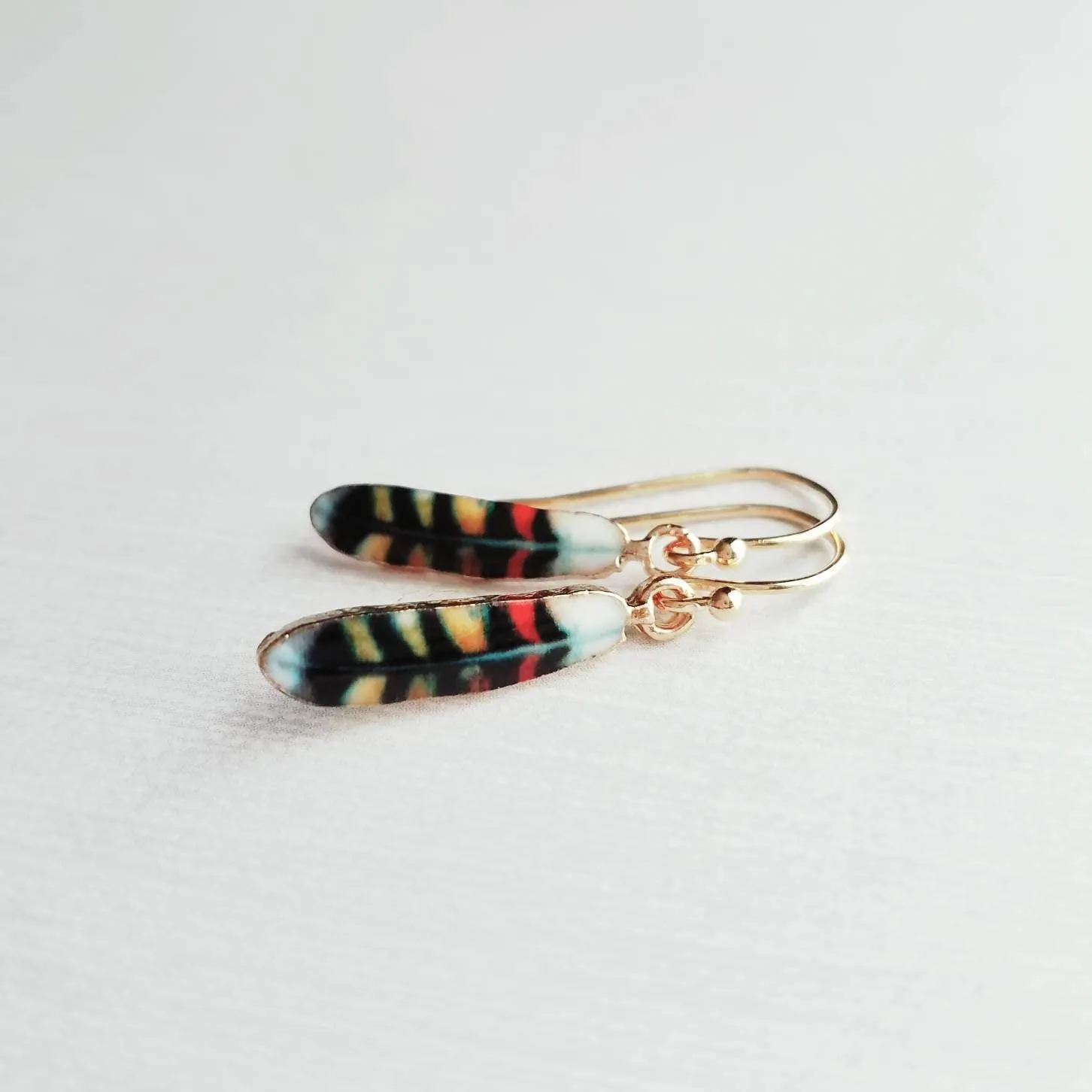 Feather Earrings - gold aqua turquoise cobalt blue stripe enamel design - simple 14K gold plated hook - petite delicate small little gift