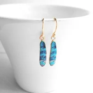 Feather Earrings - gold aqua turquoise cobalt blue stripe enamel design - simple 14K gold plated hook - petite delicate small little gift