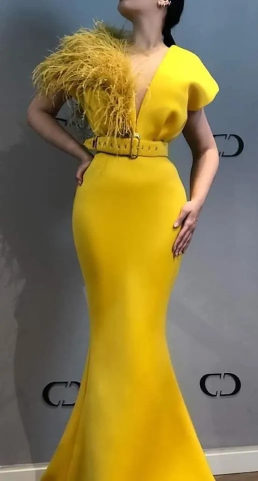 feather evening dresses yellow long mermaid modest short sleeve elegant evening gown 2020