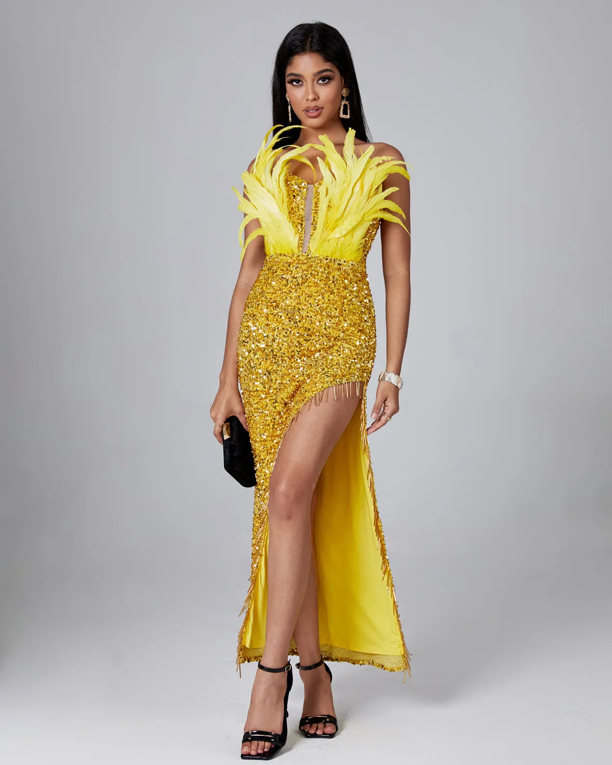 Feather Sequin Maxi Dress