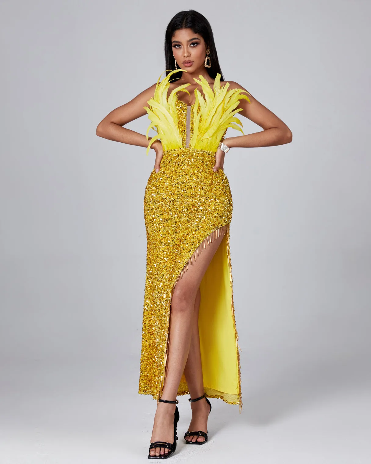 Feather Sequin Maxi Dress