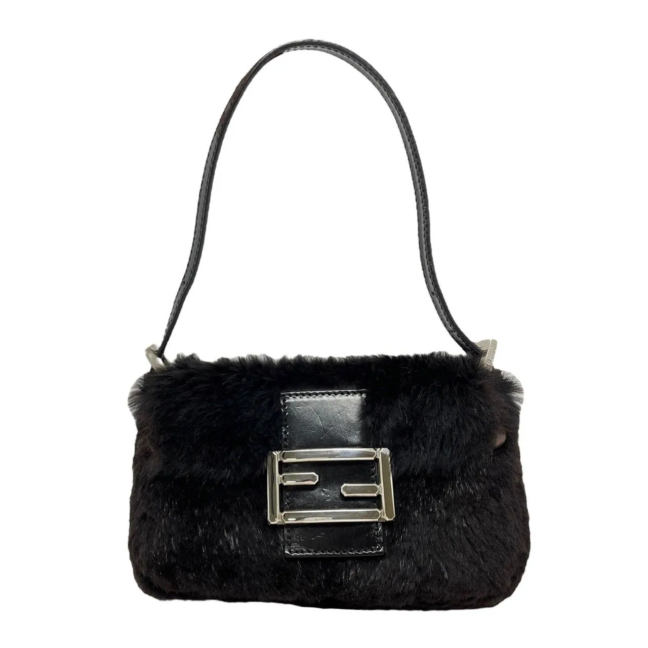 Fendi Black Fur Small Baguette Bag