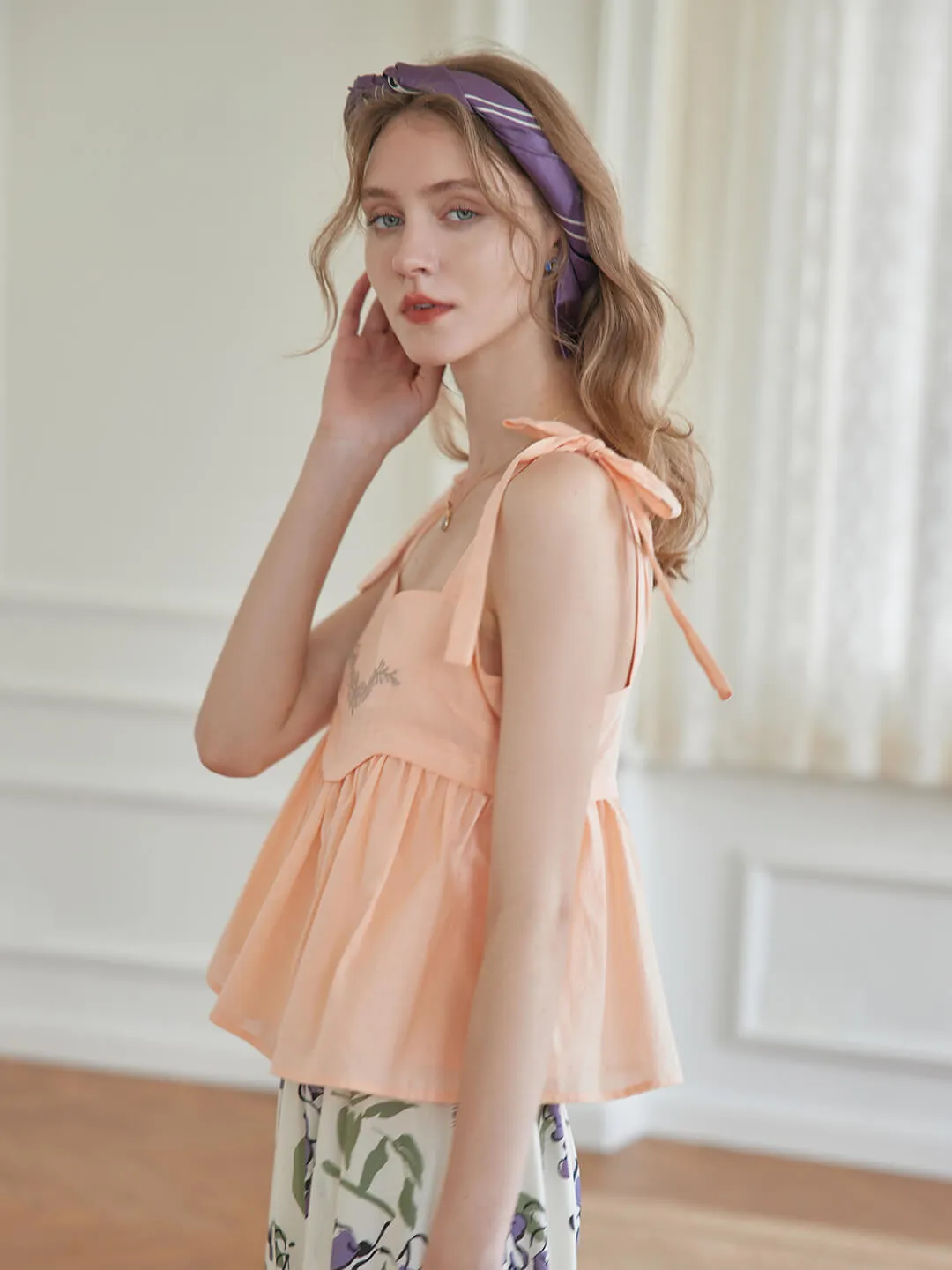 【Final Sale】Lucy Embroidered Orange Lace-up Tank Top
