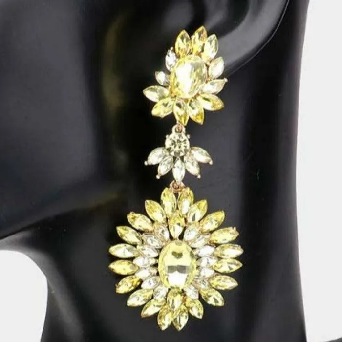 Floral Marquise Yellow Stone Cluster Dangle Evening Earrings