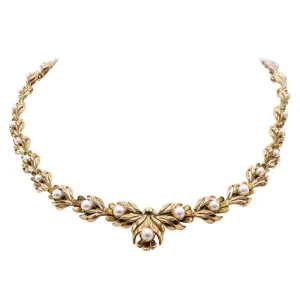 French Retro 18 Karat Yellow Gold Pearl Necklace