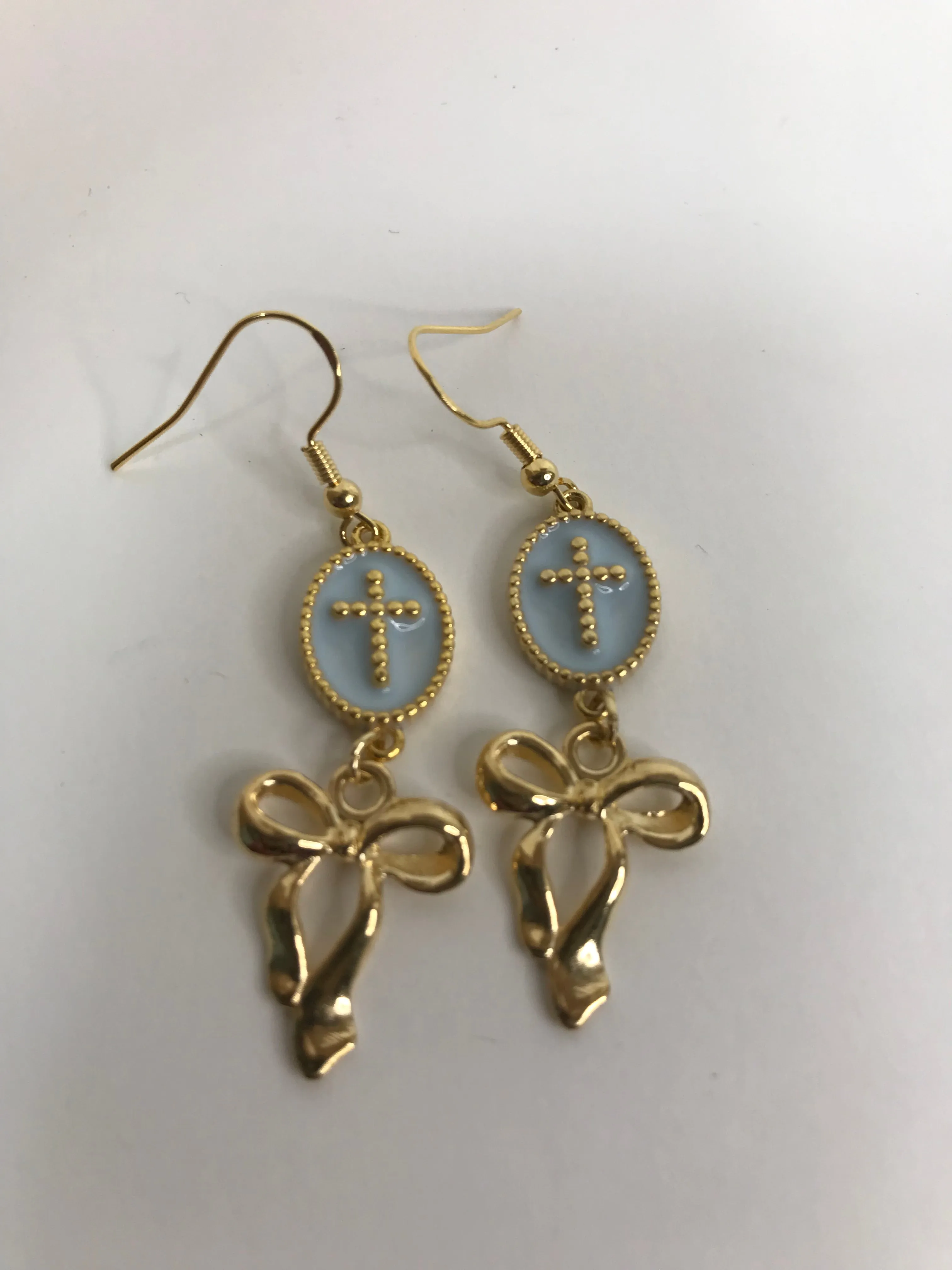 Gold Beaded Cross w/Bow Earrings