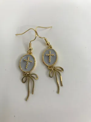Gold Beaded Cross w/Bow Earrings