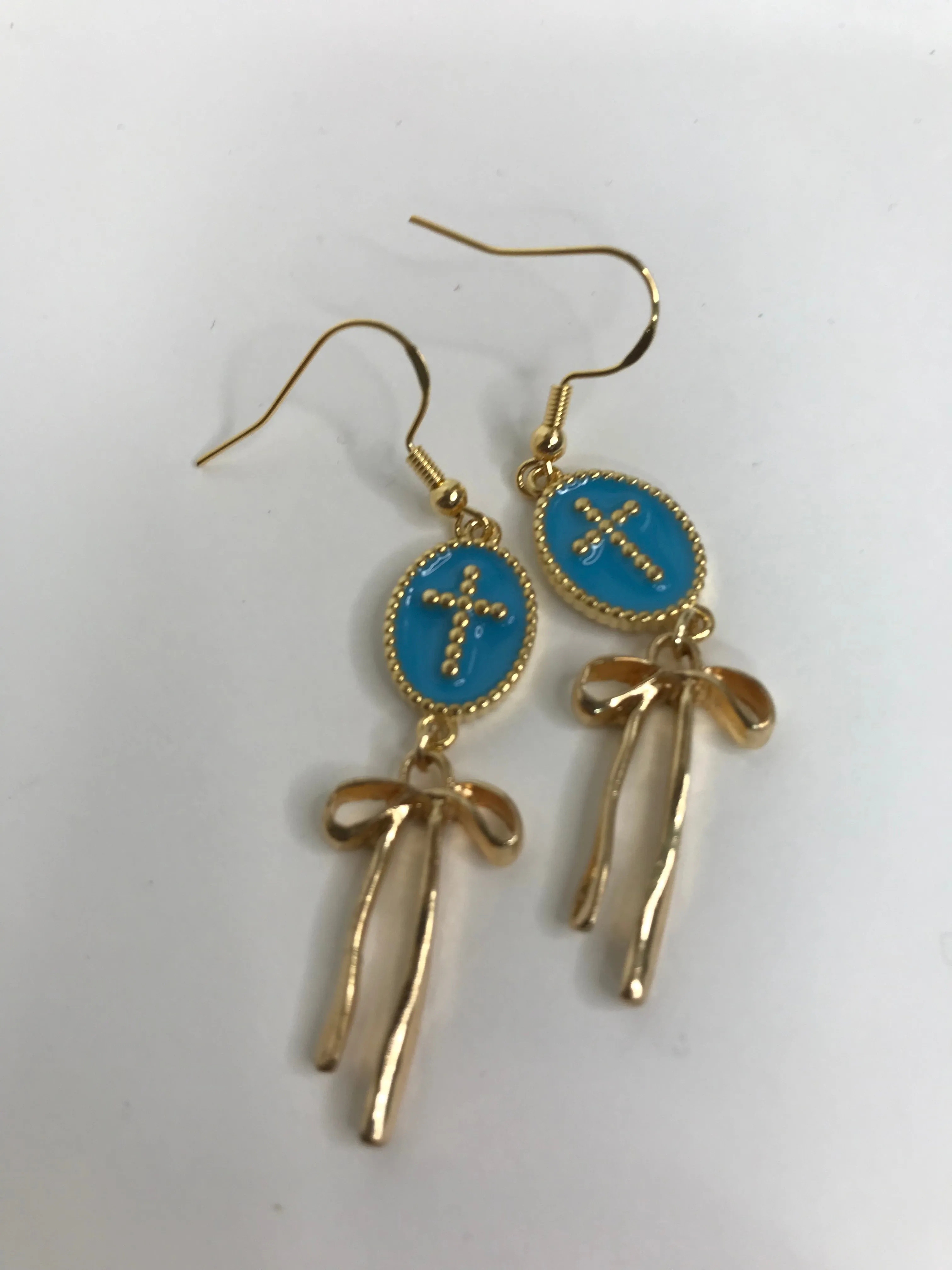 Gold Beaded Cross w/Bow Earrings