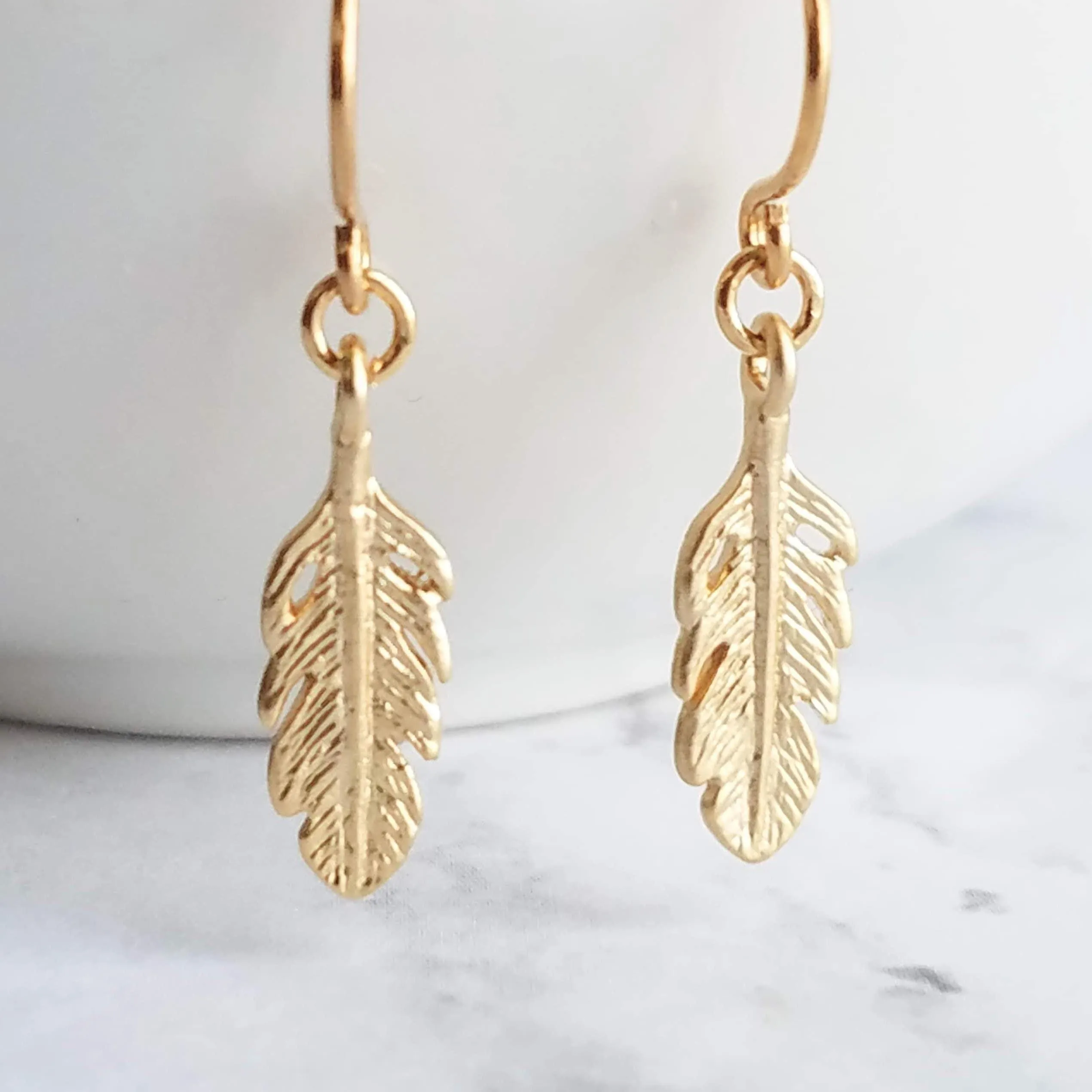 Gold Feather Earring, tiny feather earrings, little feather dangle, small gold feather earring, 14K solid gold or gold fill hooks opt, leaf
