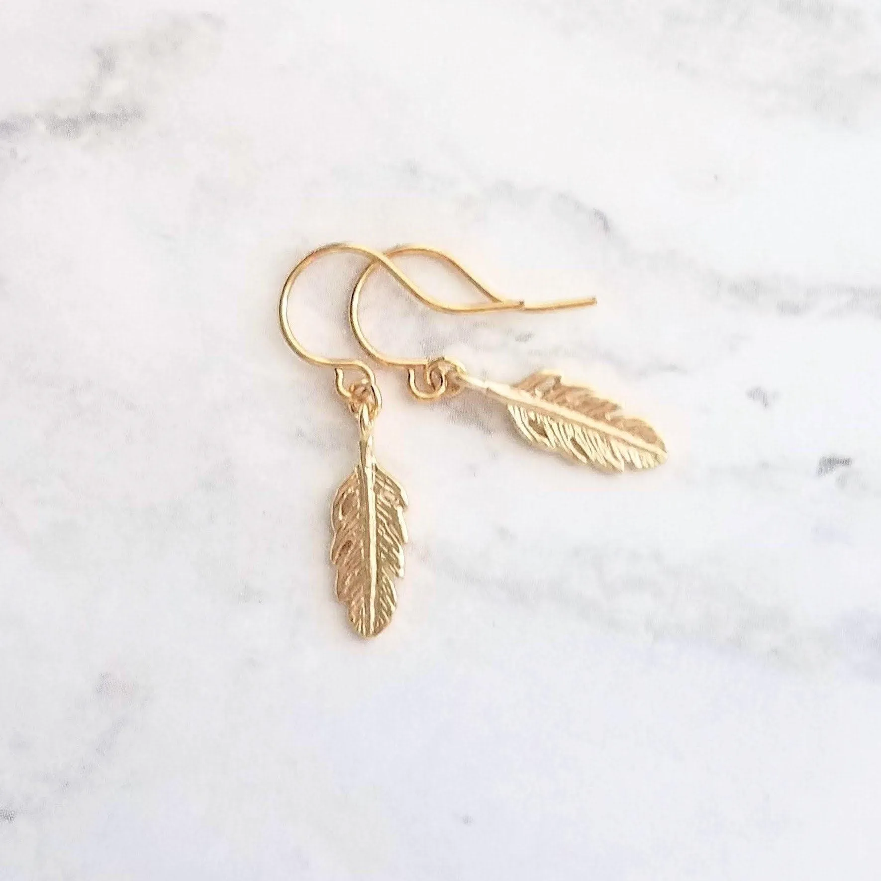 Gold Feather Earring, tiny feather earrings, little feather dangle, small gold feather earring, 14K solid gold or gold fill hooks opt, leaf